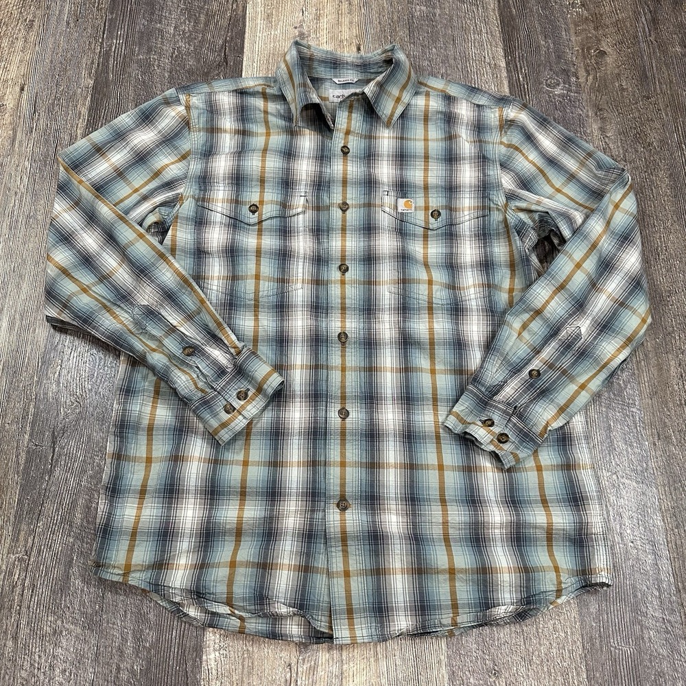 Carhartt Long Sleeve Button Up Plaid Shirt Double Chest Pocket Relaxed Fit‎ Sz M